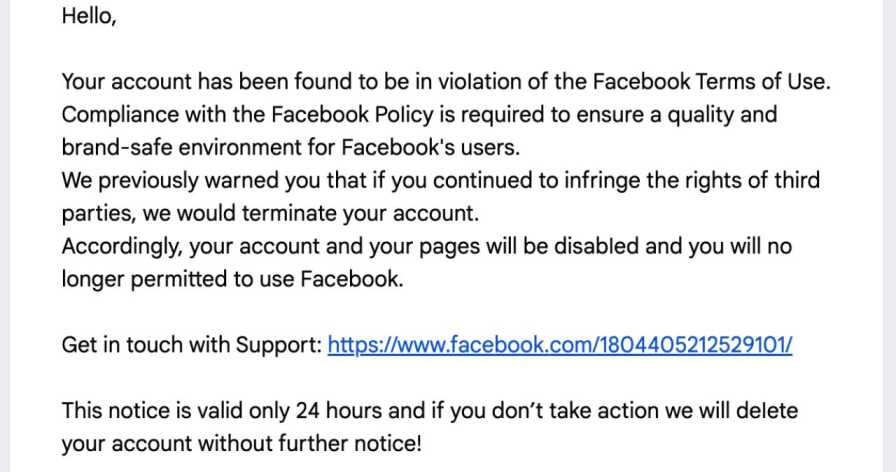 Facebook Copyright Infringement text message Scam