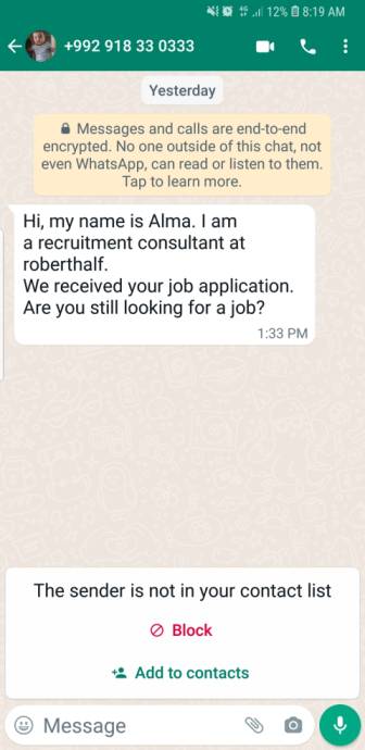 Robert half international scam text message